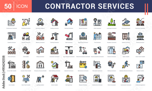 Contractor Services Icon Set. Construction Contractor, Plumbing Contractor, Electrical Contractor, Roofing Contractor, Painting Contractor and more. Flat Line style vector icons collection.