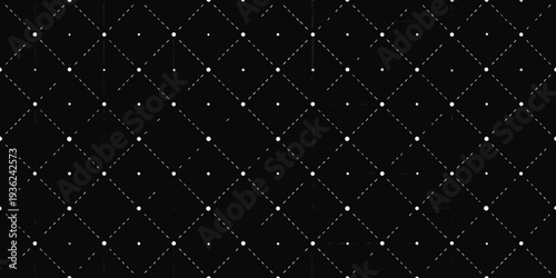 Abstract geometric pattern of white lines and dots on a black background