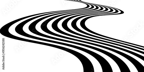 Black on white abstract perspective line stripes with 3d dimensional effect isolated on white.