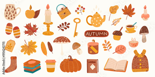 A colorful collection of autumn themed illustrations and cozy seasonal items