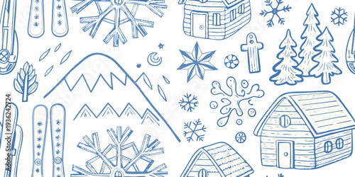 Whimsical winter scene with hand drawn snowflakes mountains and cozy houses