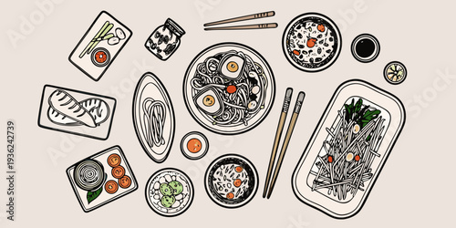 Overhead view of various asian inspired dishes and food items