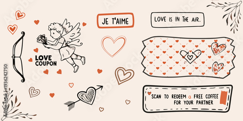 A romantic illustration featuring cupid hearts and french love phrases