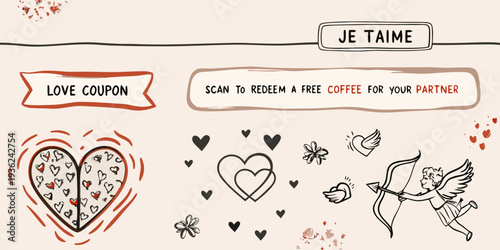 A love coupon offer with hearts flowers and cupid illustrations