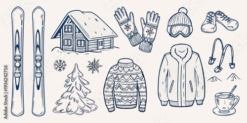 Winter sports equipment and cozy cabin scene in blue line art