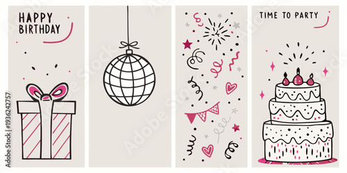 A collection of hand drawn birthday illustrations with festive elements