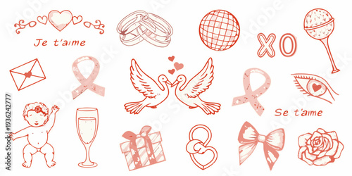 Collection of hand drawn romantic symbols and love themed illustrations