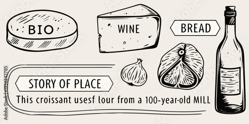 Artistic illustration of french food items cheese bread wine and garlic