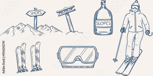 Winter sports illustration featuring skier equipment and mountain scenery