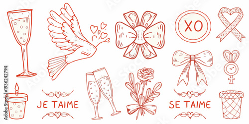 A collection of hand drawn romantic symbols and elements for valentine s day