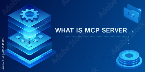 Isometric illustration depicting a complex server structure with glowing blue elements