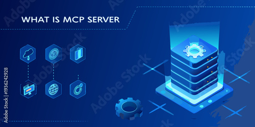 Illustration depicting mcp server technology with icons and a blue color scheme