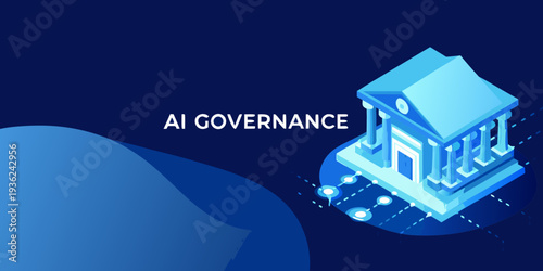 Ai governance concept with a stylized building and flowing blue shapes
