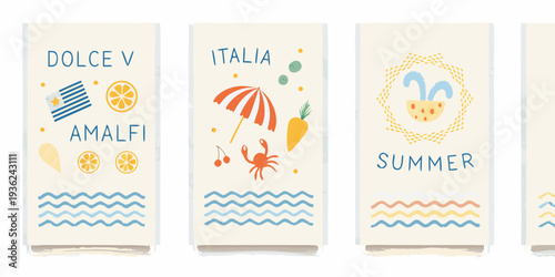 Three illustrated panels depict italian summer themes with vibrant designs