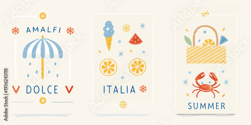 Colorful illustrations depict italian summer themes amalfi dolce vita and more
