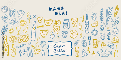 Italian themed doodles featuring food drinks and floral elements