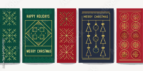 Four festive christmas card designs with geometric patterns and holiday greetings