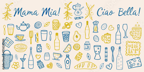 Hand drawn illustrations of italian food drink and celebratory elements