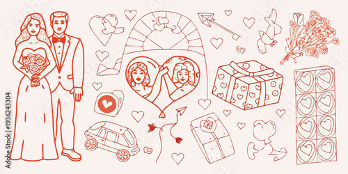 A romantic illustration depicting a wedding and various love themed elements