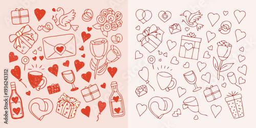Hand drawn romantic doodles including hearts gifts and celebratory items