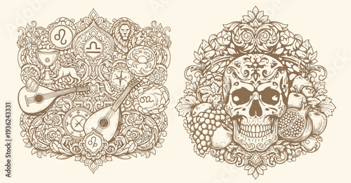 Set of Vintage universal label design, engraving elements styled design