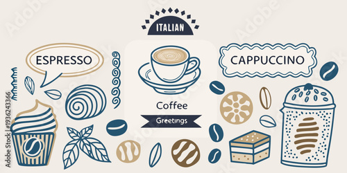Italian coffee and dessert themed hand drawn illustration with decorative elements