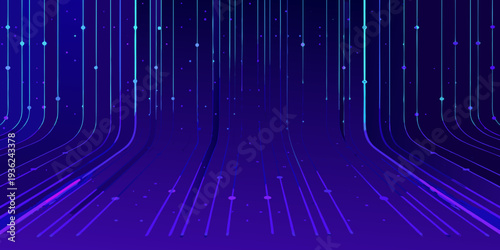 Abstract neon lines descend into a dark purple digital space