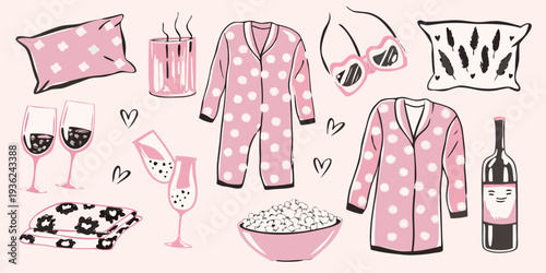 A cozy collection of pink pajamas wine and relaxing self care items