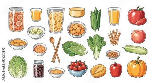 Set of images of a variety of foods. Vector illustration on white background.