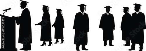 Graduation ceremony vector illustration with silhouettes of students in caps and gowns, podium speech, procession, academic achievement celebration artwork