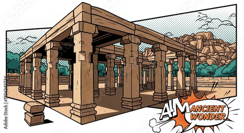 Ancient greek or roman temple structure with columns and amazing ancient wonders text