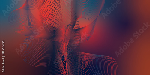 Abstract red and navy blue light streams curving through a deep dark backdrop with sparkling micro particles, modern digital technology concept, vector illustration