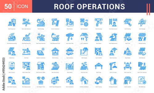 Roof Operations Icon Set. Roof Inspection, Roof Leak Detection, Roof Cleaning, Gutter Installation, Roof Sealant and more. blue style vector icons collection.