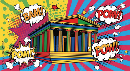 Vibrant comic book style illustration of ancient building with colorful explosion background and dynamic speech bubbles