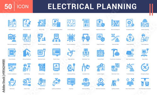 Electrical Planning Icon Set. Electrical Plan, Electrical Permit, Site Survey, Electrical Load Calculation, Circuit Mapping and more. blue style vector icons collection.