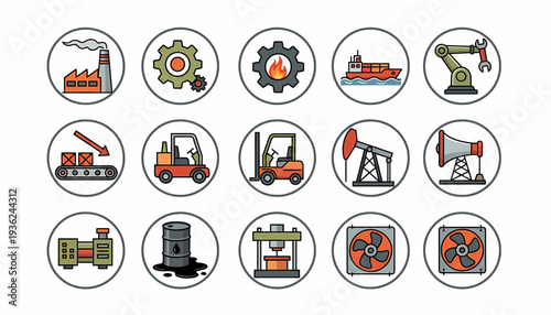 Collection of Industrial Icons Featuring Machinery and Equipment