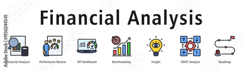 Financial analysis web banner icon vector illustration concept with icon of financial analysis, performance review, KPI dashboard, benchmarking, insight, SWOT analysis, and roadmap.