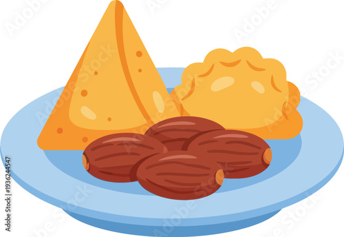 Flat Illustration Delicious Samosa and Date Palm Fruit on Blue Plate Food