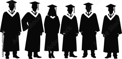 Graduation silhouettes with academic caps and gowns, mortarboard tassels, commencement ceremony, student achievement, education success, cultural celebration illustration