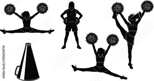 Cheerleader silhouettes with pom-poms and megaphone, dynamic poses including jumps, splits, stances, and athletic movements for team spirit design