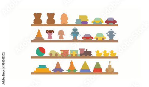 Cute Cartoon Toy Store Shelf with Kids Toys Collection Playroom Vector Illustration