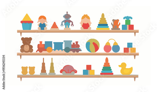 Kids Playroom Toy Shelf Cartoon Display with Teddy Bears Dolls Cars and Train Vector