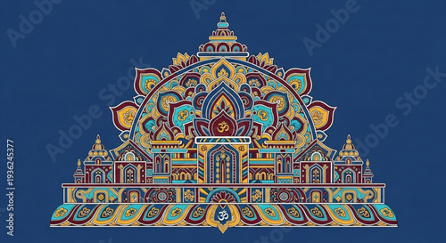 Vibrant ornate temple illustration with intricate patterns and colorful designs on a dark blue background