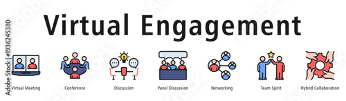Virtual Engagement web banner icon vector illustration concept with icon of virtual meeting, conference, discussion, panel discussion, networking, team spirit, and collaboration.