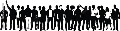 Group of people silhouettes standing together, diverse human figures, community unity, teamwork, social interaction, demographic representation, vector illustration
