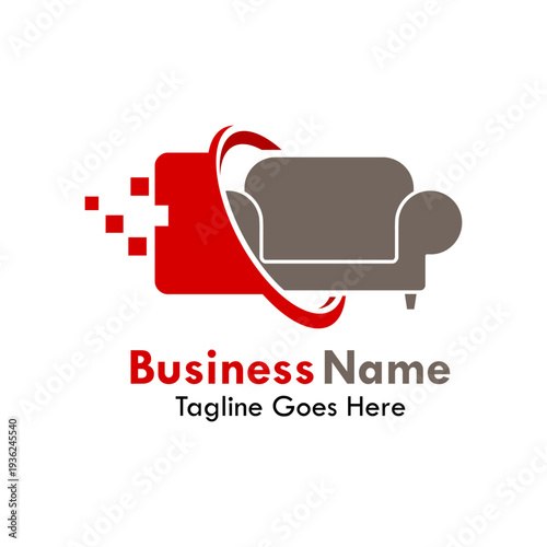 Modern digital furniture logo featuring a sofa icon with pixel elements. Ideal for smart home apps, interior design services, or online furniture stores in red and grey colors.