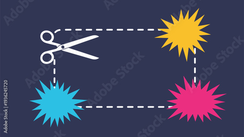 Graphic illustration of scissors cutting along a dashed line around a rectangular frame with colorful starburst shapes on a dark blue background.
