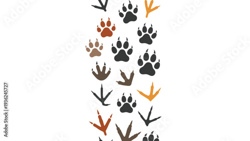 Diverse collection of animal and bird tracks including paw prints and talons arranged in a vertical pattern on a clean white background.