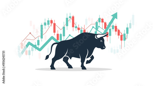 Bullish market concept featuring a dark bull silhouette against a financial candlestick chart and a rising green arrow indicating economic growth.