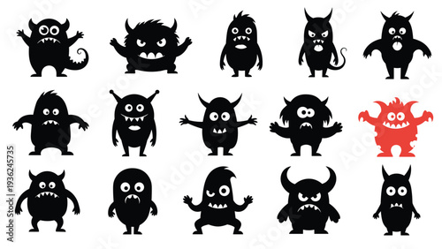 Collection of various quirky monster silhouettes in black with one unique red character highlighting individuality and standing out from the crowd.